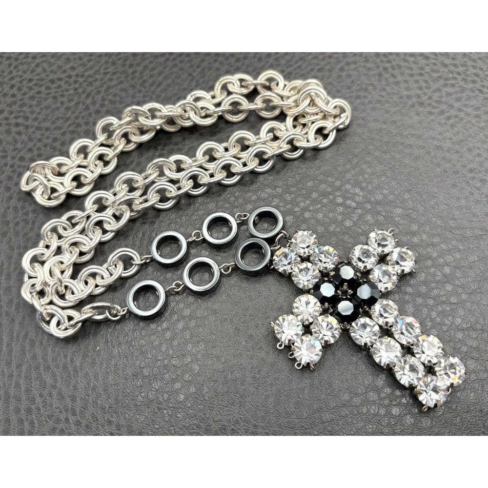 MASSIVE HUGE 80s Crystal Rhinestone Cross Pendant Hematite Heavy Chunky Necklace